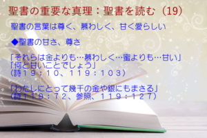 聖書の甘さ、尊さ：聖書の言葉は尊く、慕わしく、甘く愛らしい「金よりも…慕わしく…蜜よりも…甘い」「幾千の金や銀にもまさる」：聖書の重要な真理【聖書を読む】(１９)